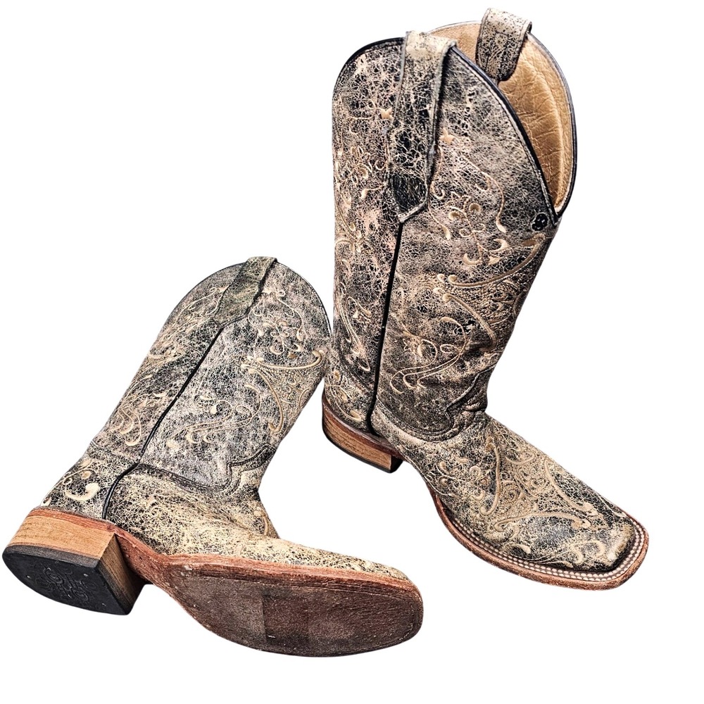 Circle G Ladies Crackle Diamond Embroidered Western Boots Distressed Womens 6.5